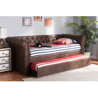 Baxton Studio Ashley-Brown-Daybed Mabelle Modern and Contemporary Brown Faux Leather Upholstered Daybed with Trundle